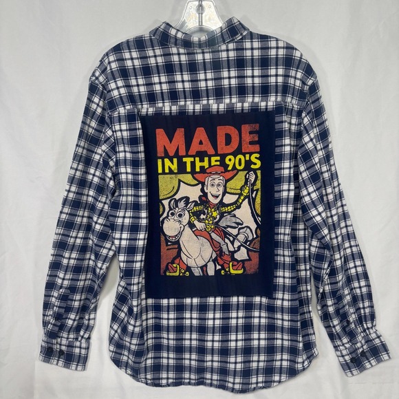 Toy Story "Made in the 90s" Upcycled Blue and White Fall Flannel Shirt Sz Large - Picture 1 of 7